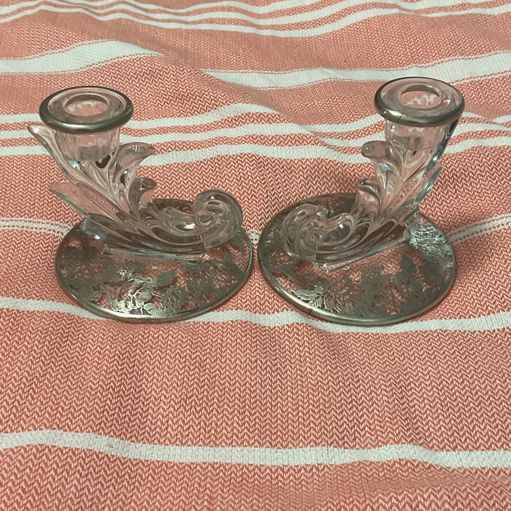 Fostoria Navarre etched glass candleholders. Decorative art mid 20th century